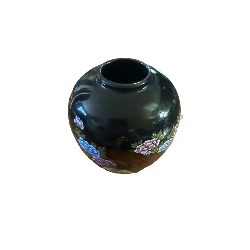 Vintage Japanese Black Peacock Vase Enamel Flowers 4” Marked Japan